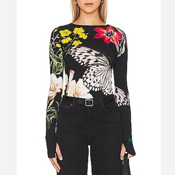 Alice & Olivia Black Multicolor Floral Flower Delaina Long Sleeve Top Size M NWT - Picture 1 of 16